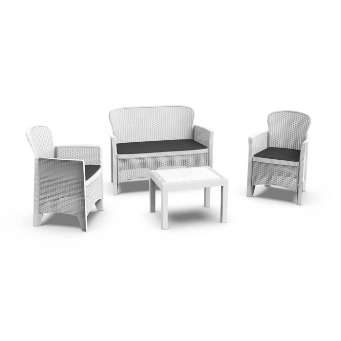 Set salotto da esterno Alesandro, Set da giardino con 2 poltrone, 1 divano ed 1 tavolino, Salottino effetto rattan con cuscini, 100% Made in Italy, Bianco