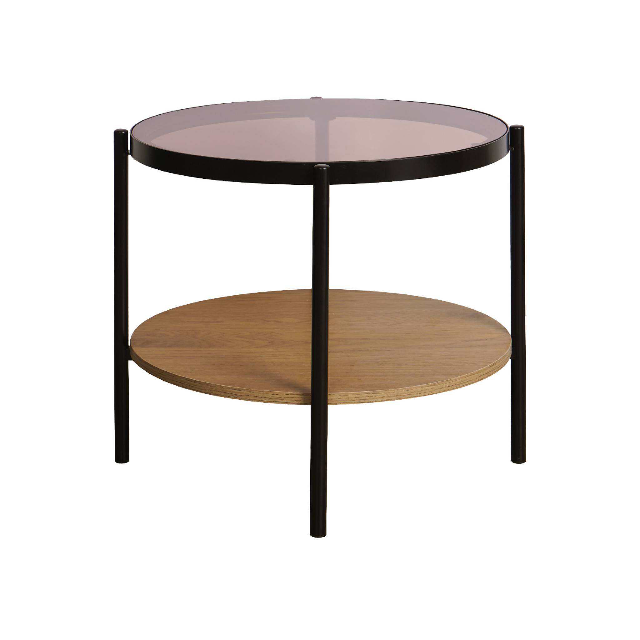 Table basse / d'appoint ronde 52 x 52 cm effet bois et métal noir. 2 plateaux dont un en verre trempé