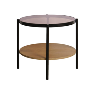 Table basse / d'appoint ronde 52 x 52 cm effet bois et métal noir. 2 plateaux dont un en verre trempé