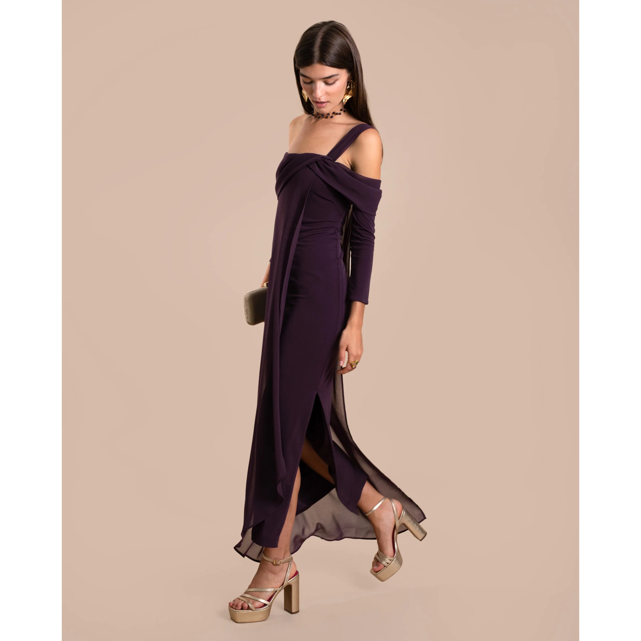 Vestido midi de palabra de honor con mangas