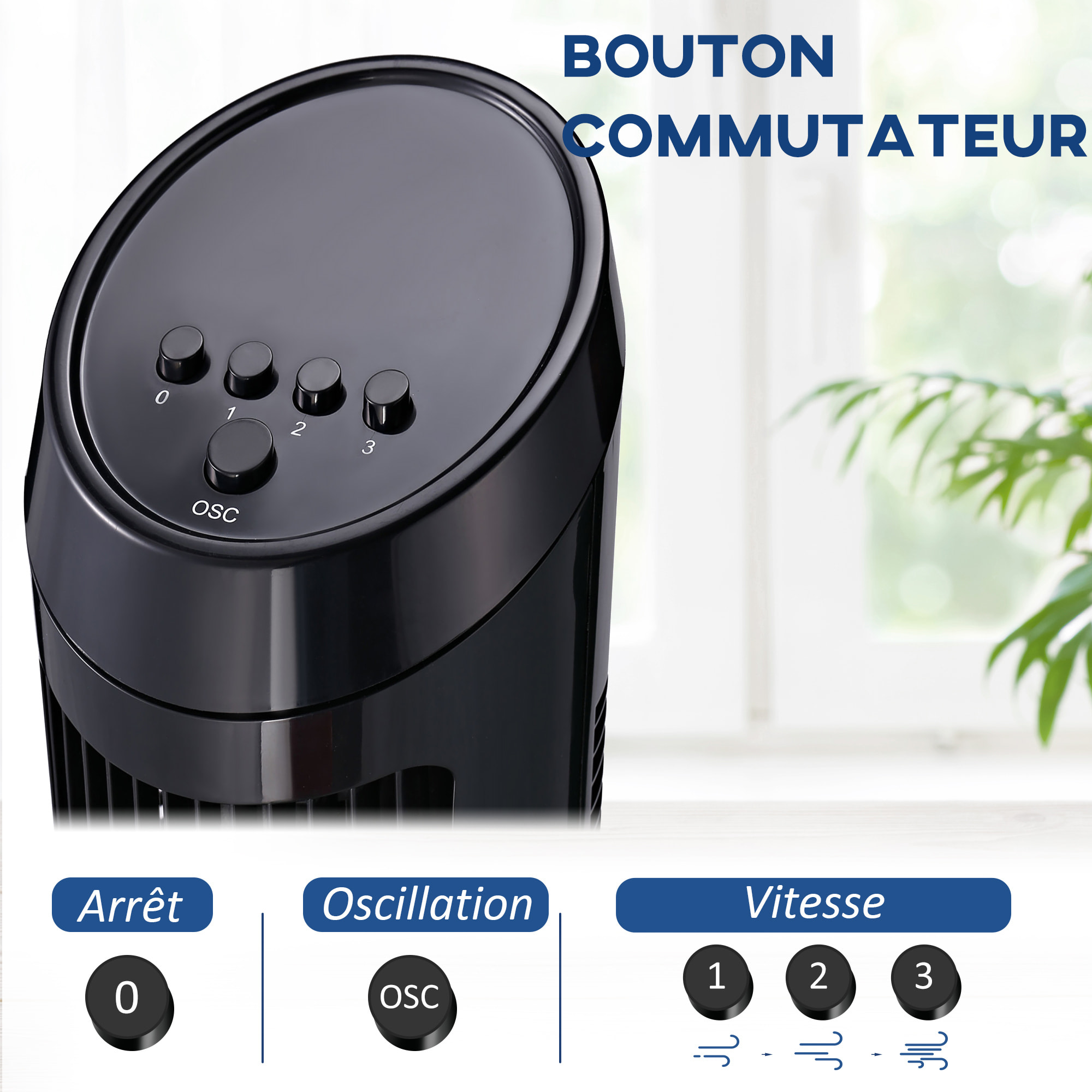 HOMCOM Ventilateur colonne tour oscillant silencieux 45 W 3 vitesses 27L x 27l x 75H cm noir