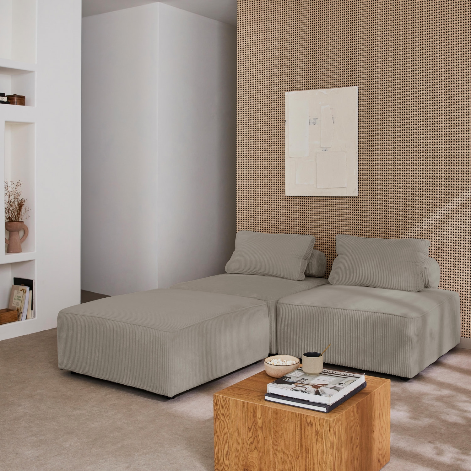 Lot de 3 chauffeuses pour canapé modulables velours côtelé gris clair avec un coussin