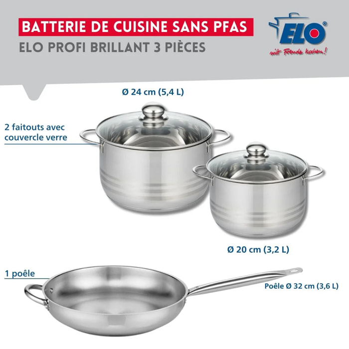 Ensemble de 1 Poêle de cuisson 32 cm et 2 faitouts 20 et 24 cm Elo Profi Brillant