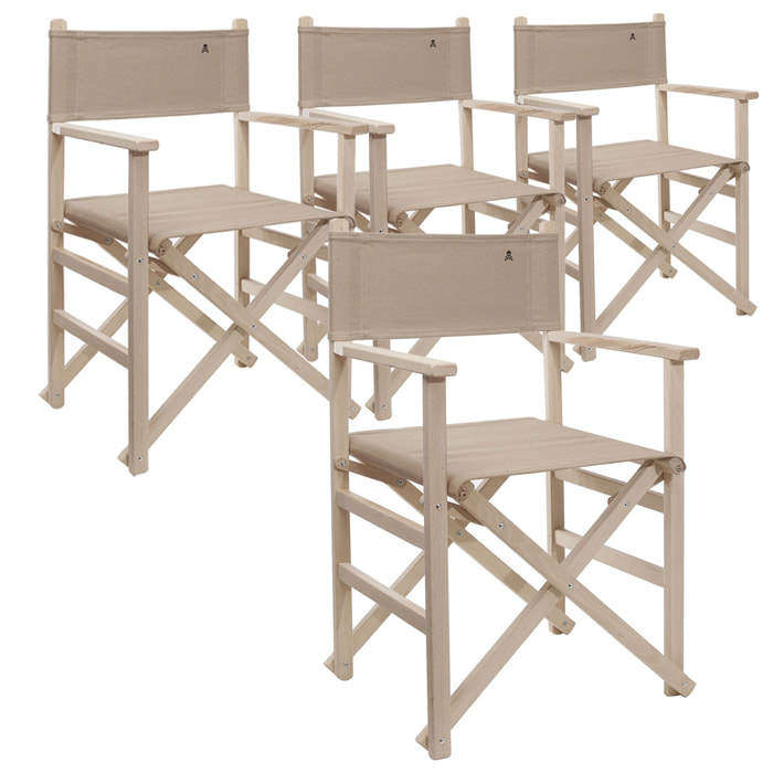 Set de 4 sillones director plegables estructura sin barniz y lona color piedra