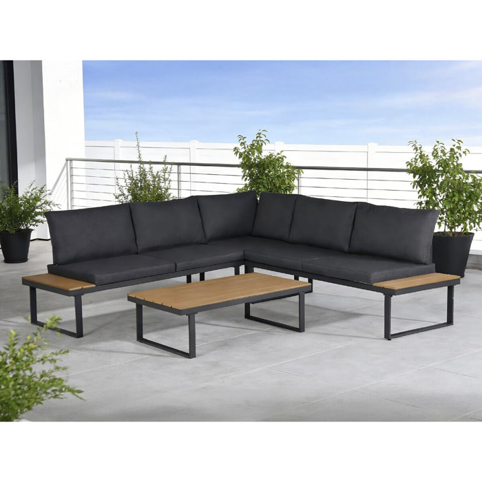 Salon de jardin canapé d'angle décor imitation bois "Fiora" - 5 places - Gris