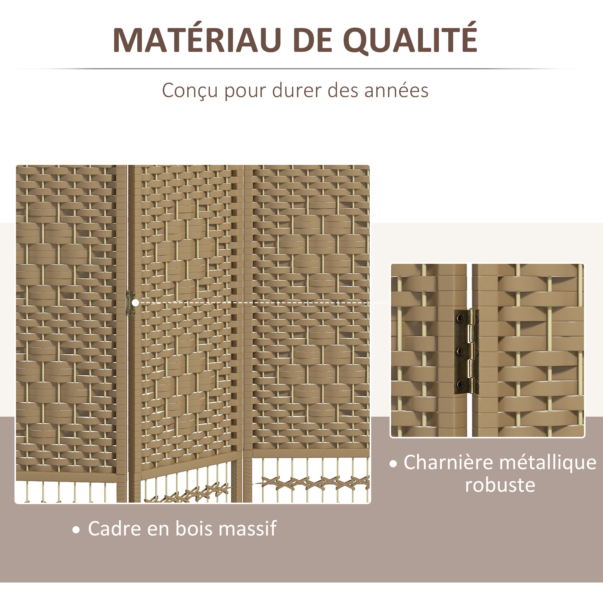Paravent intérieur 3 panneaux pliables séparateur de pièce bois de peuplier bambou fibres de papier tressée naturel