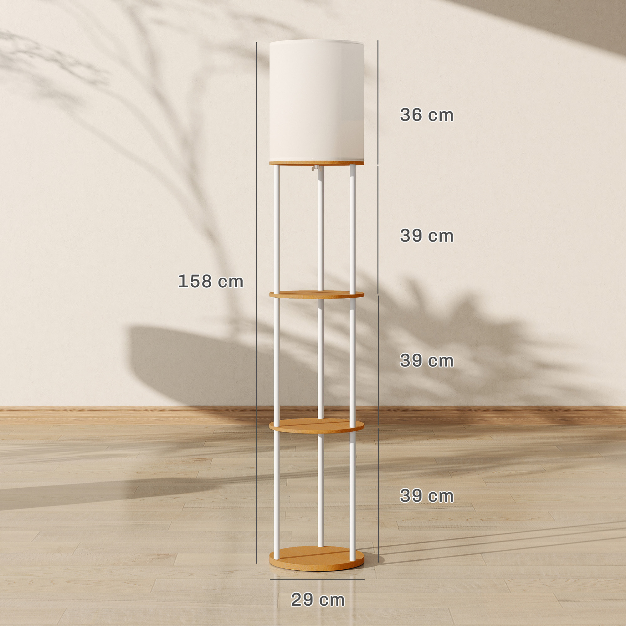 Lámpara de Pie con Estantes, Lámpara con 3 Temperaturas de Color, Control Remoto, Bombilla E27, para Salón, Dormitorio, Oficina, Natural