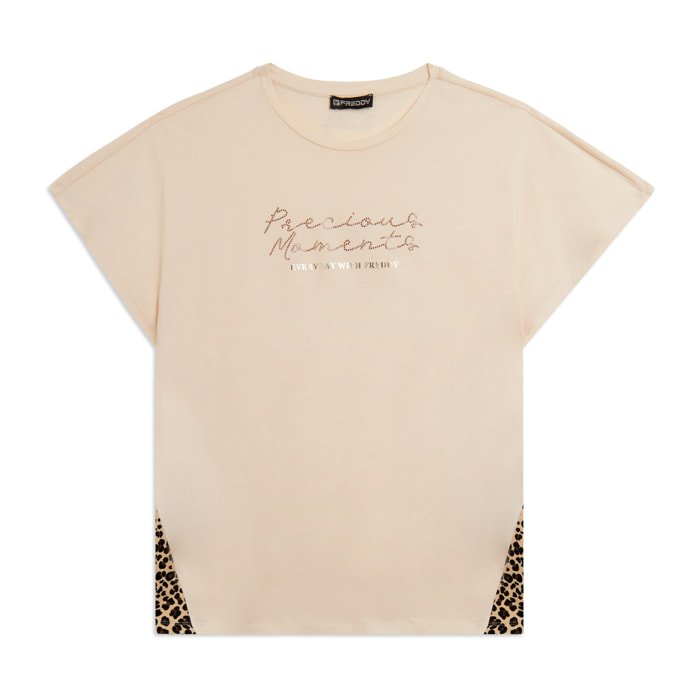 T-shirt Manica Corta con Inserti Animalier e Dettagli in Borchie
