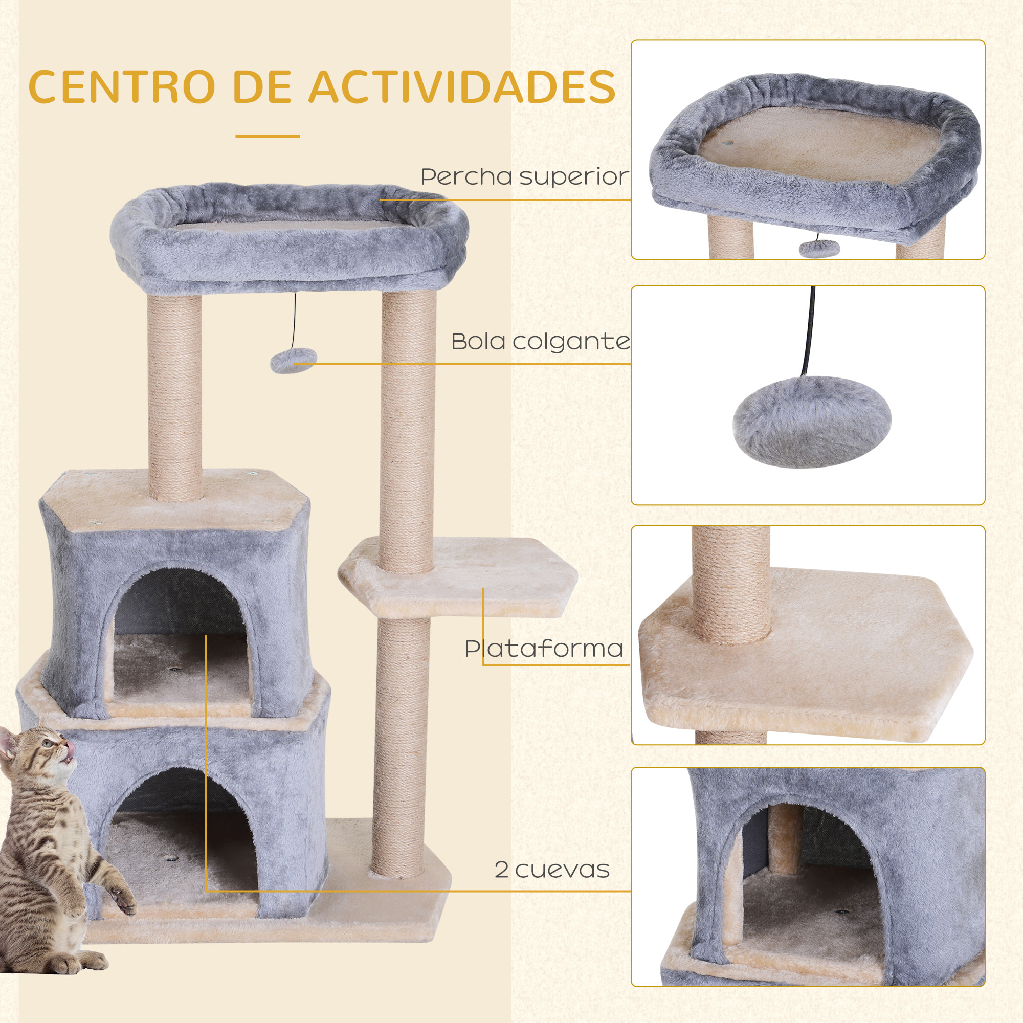 Árbol Rascador para Gatos de Sisal Natural 60x40x92cm Gris