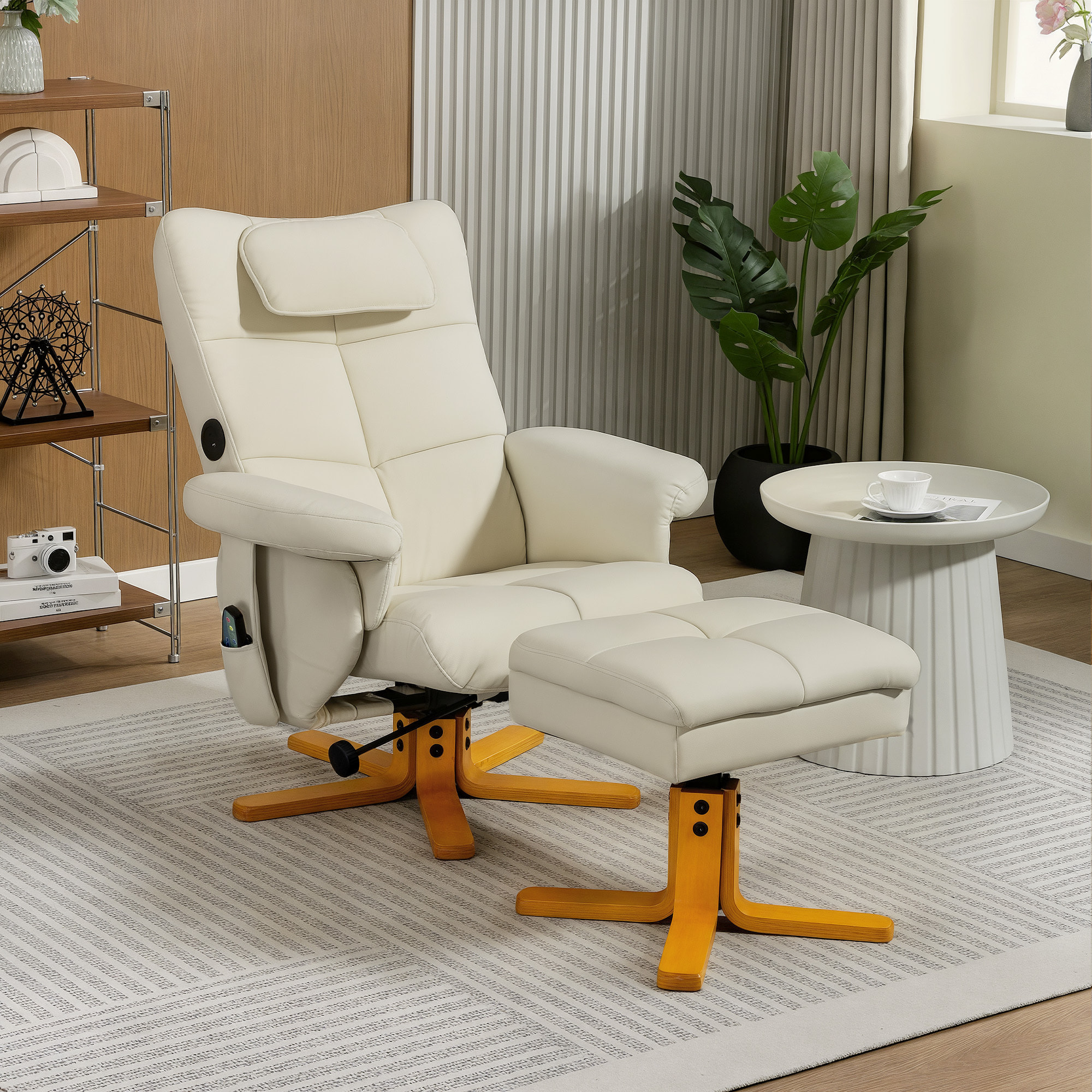 Ensemble fauteuil massant repose-pieds design Chesterfield - inclinable - coffre - tétière - blanc cassé