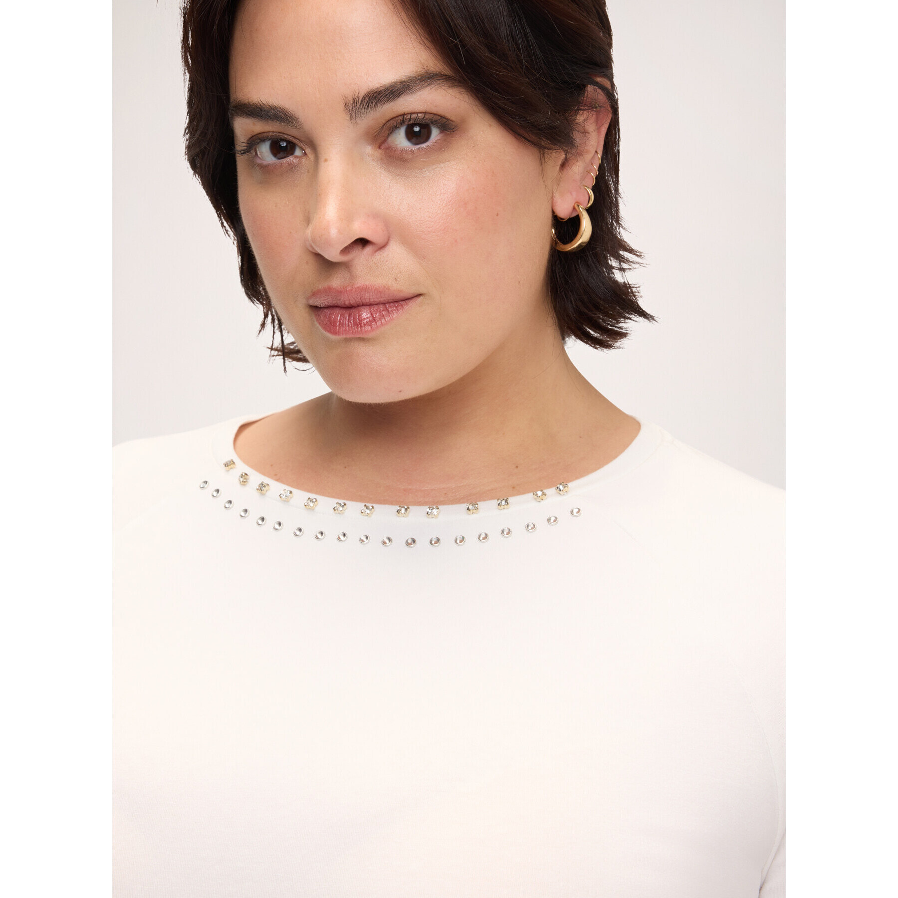 Fiorella Rubino - Camiseta de algodón con estrás y tachuelas - Blanco