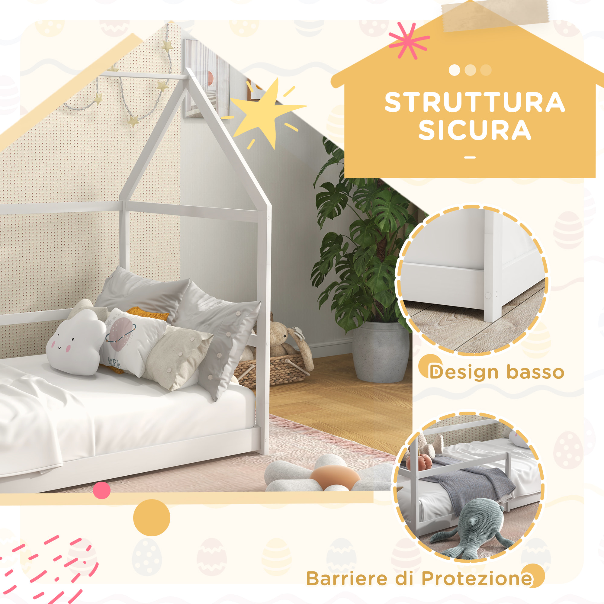 AIYAPLAY Letto per Bambini a Casetta con Barriere di Protezione, Età 3-8 Anni, 196x97.5x135cm, Bianco