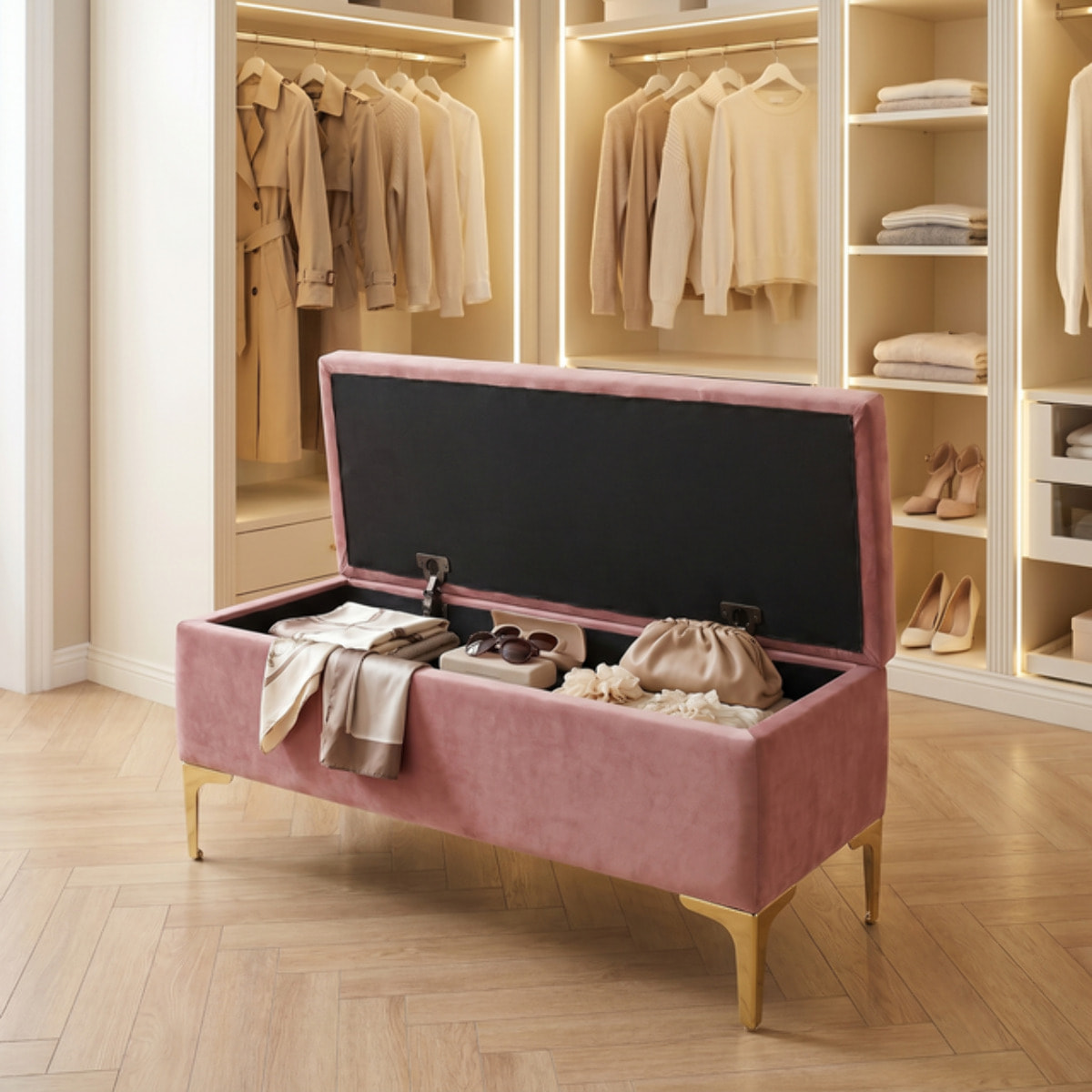 Panca Contenitore in Effetto Velluto con Ampio Vano Portaoggetti, Seduta Imbottita e Gambe in Acciaio, Design Moderno per Camera da Letto, Ingresso e Soggiorno