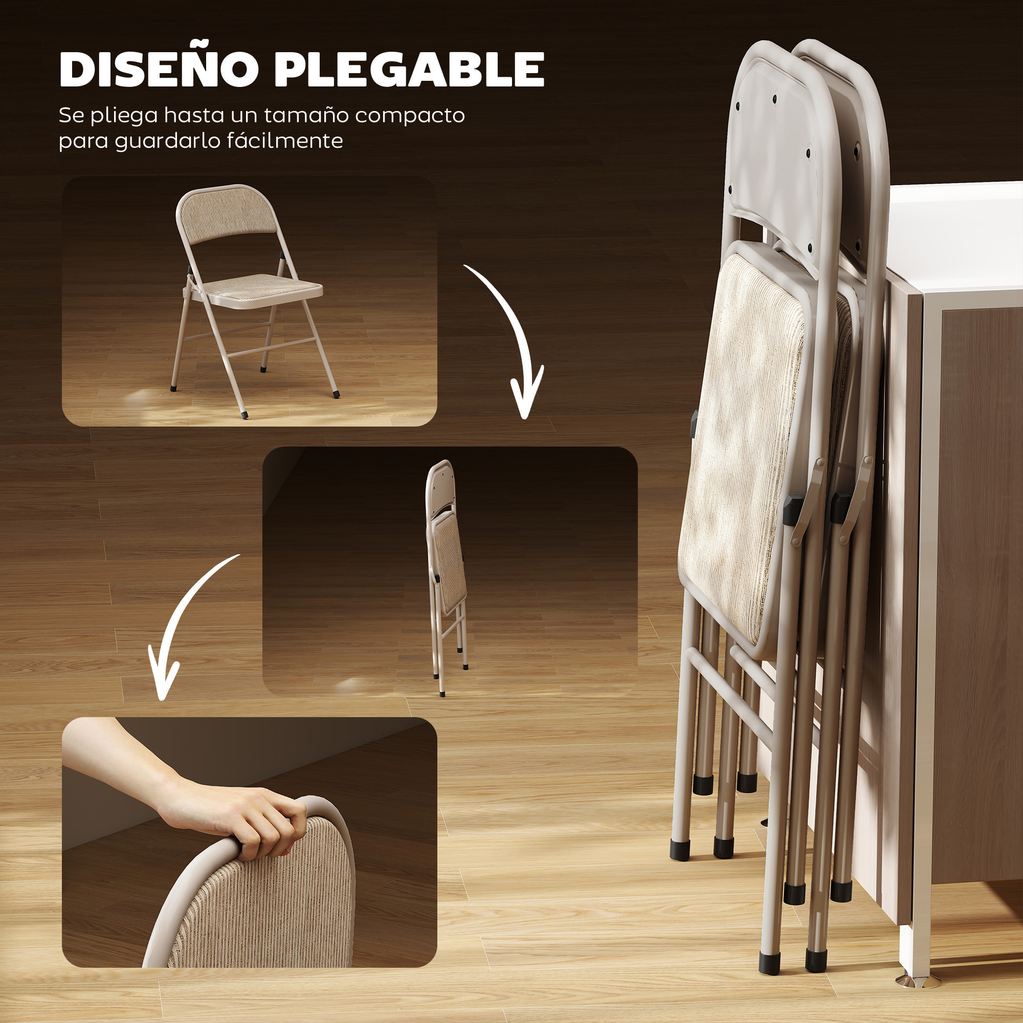 Juego de 2 Sillas Plegables Acolchadas con Respaldo y Estructura de Acero, para Salón, Comedor, Cocina, 45x46x78 cm, Beige