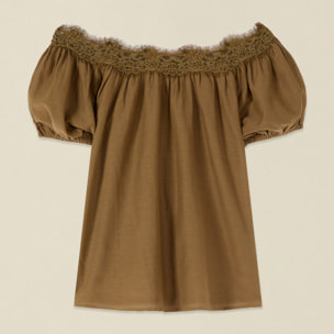 Oltre - Blusa off shoulders con pizzo - Marrone