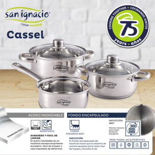 Batería 5 piezas San Ignacio Cassel y Set 3 sartenes Ø20/Ø24/Ø28 cms