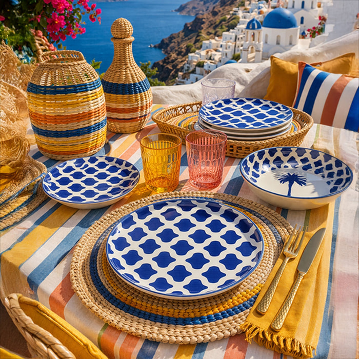 Lot de 6 assiettes à dessert 20cm en grès bleu et blanc  PALM BEACH