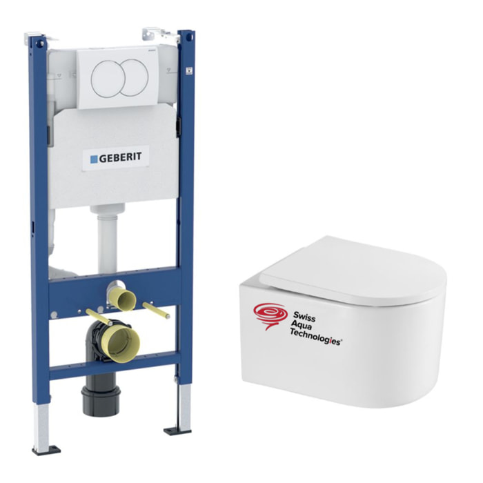 Pack WC Bâti-support + WC sans bride Tornado Swiss Aqua Technologies + abattant SoftClose + Plaque (DELANOTQGEB3-VP)