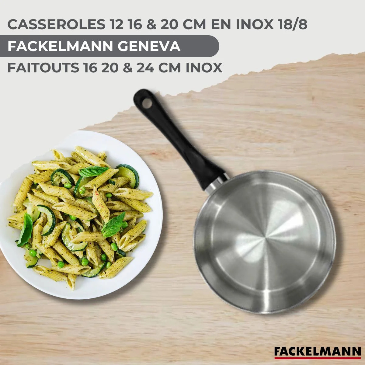 Batterie de cuisine avec 3 casseroles 12/16/20 cm et 3 faitouts 16/20/24 cm avec 6 ustensiles de cuisine sans PFAS Fackelmann Généva Brillant Oxford