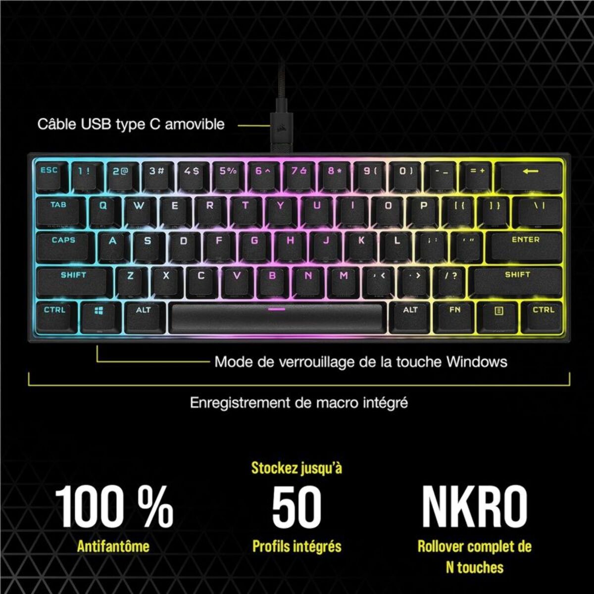 Clavier gamer CORSAIR K65 RGB MINI CHERRY MX Red Noir