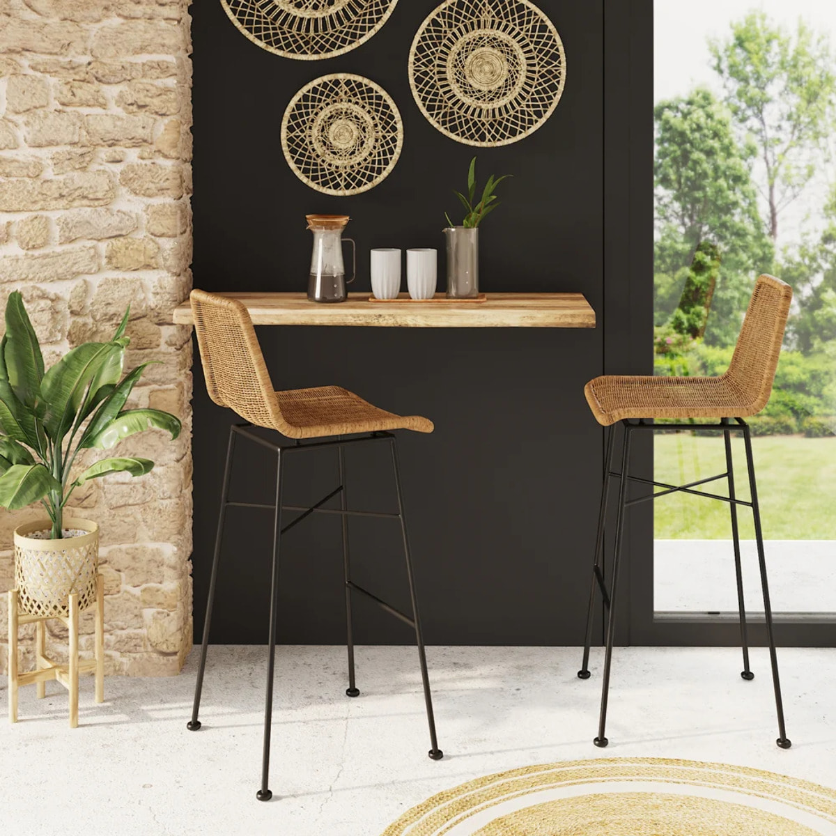Lot de 2 chaises de bar 76 cm en résine tressée marron - Mandya