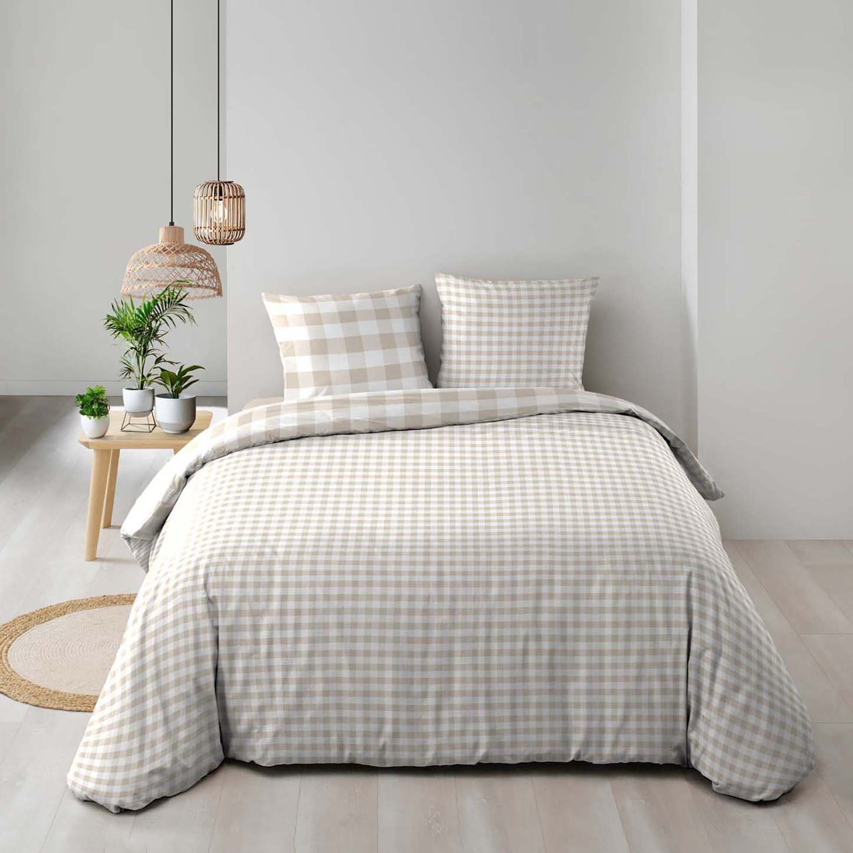 Parure de lit 3 pièces en coton à carreaux housse + taies - Naturel