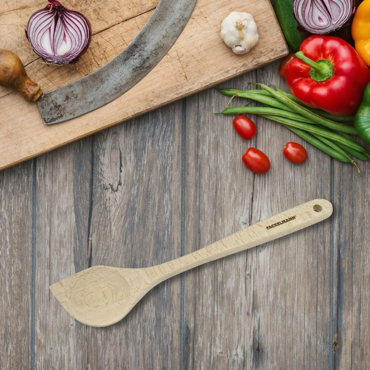 Ensemble de 2 Cuillères de cuisine biseautée en bois FSC Fackelmann