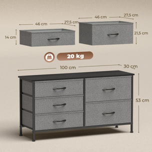 Cómoda con 5 Cajones de Tela, Cómoda para Dormitorio, Marco de Acero, Cajonera para Salón, Oficina, Vestidor, Negro y Gris Oscuro