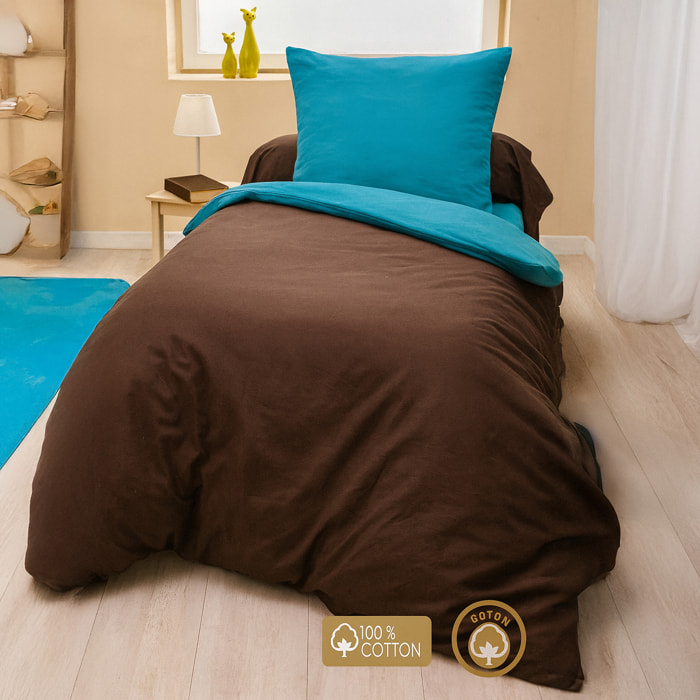 Parure Housse De Couette 135x200cm 100% coton 57fils Choco/turquoise