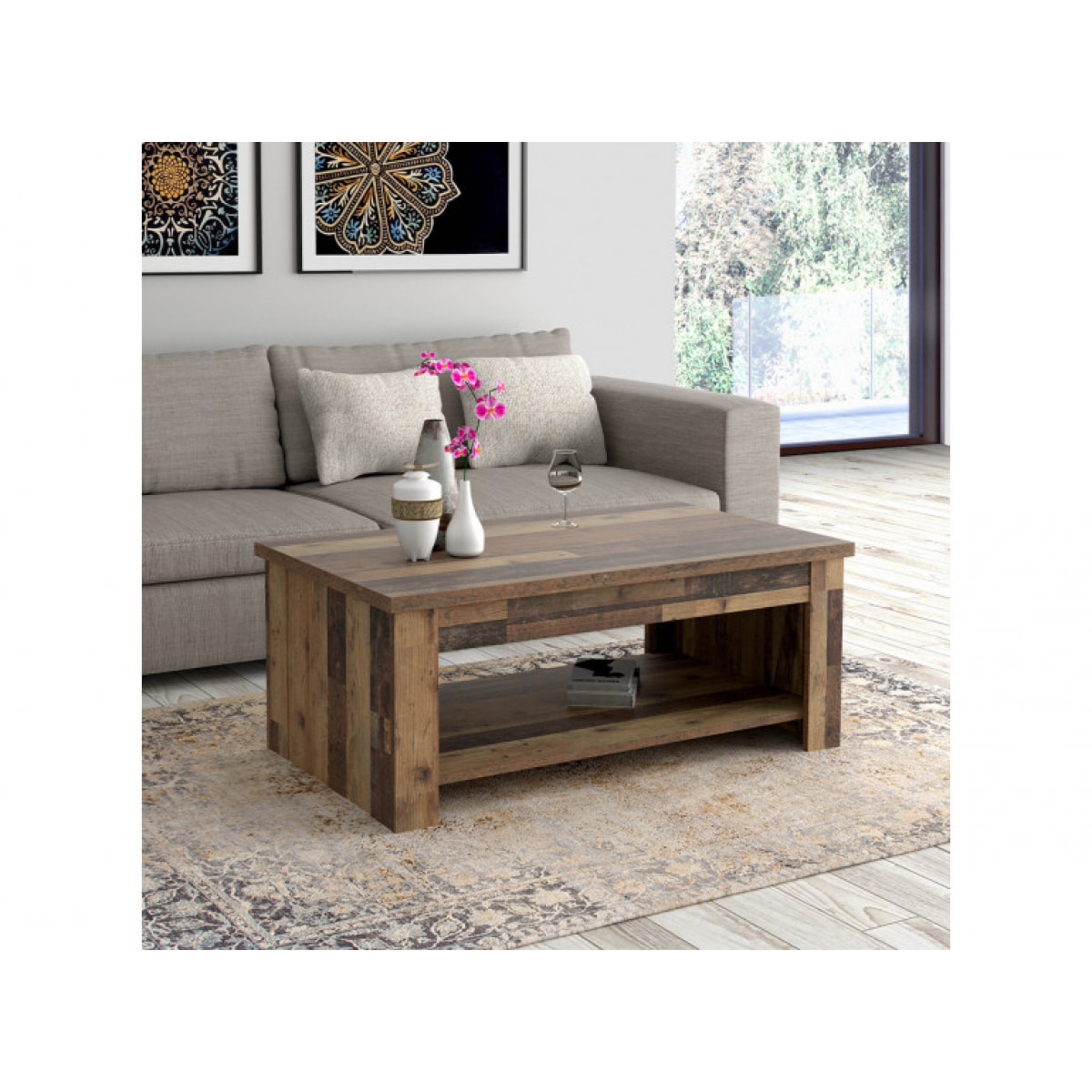 Table basse avec plateau relevable en bois effet vieilli - FRED