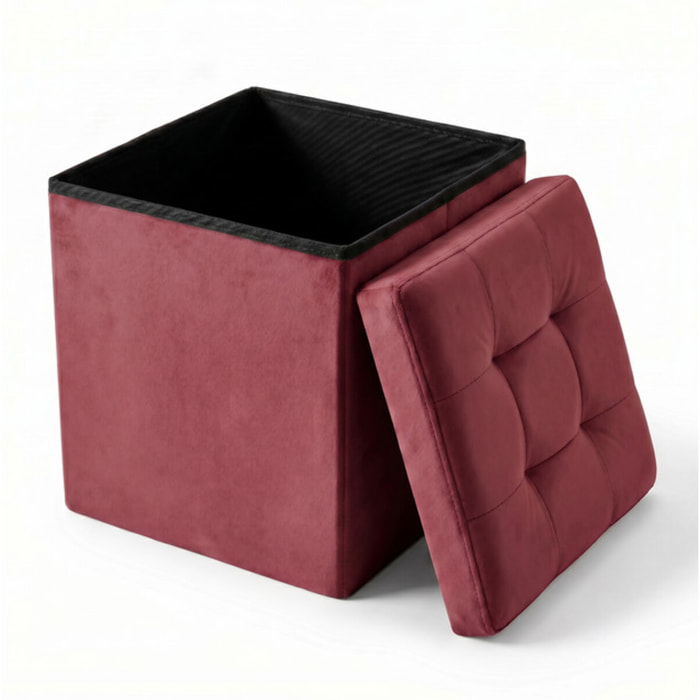 Pouf contenitore in velluto 38x38x38 cm, cubo imbottito con vano interno, seduta elegante effetto velvet trapuntato, resistente fino a 150 kg, salvaspazio ideale per camera soggiorno ingresso e cameretta