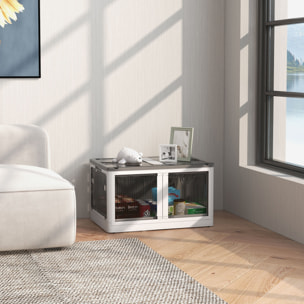 Boîte de rangement plastique 69L pliable empilable couvercle 4 roulettes accès 5 côtés blanc gris