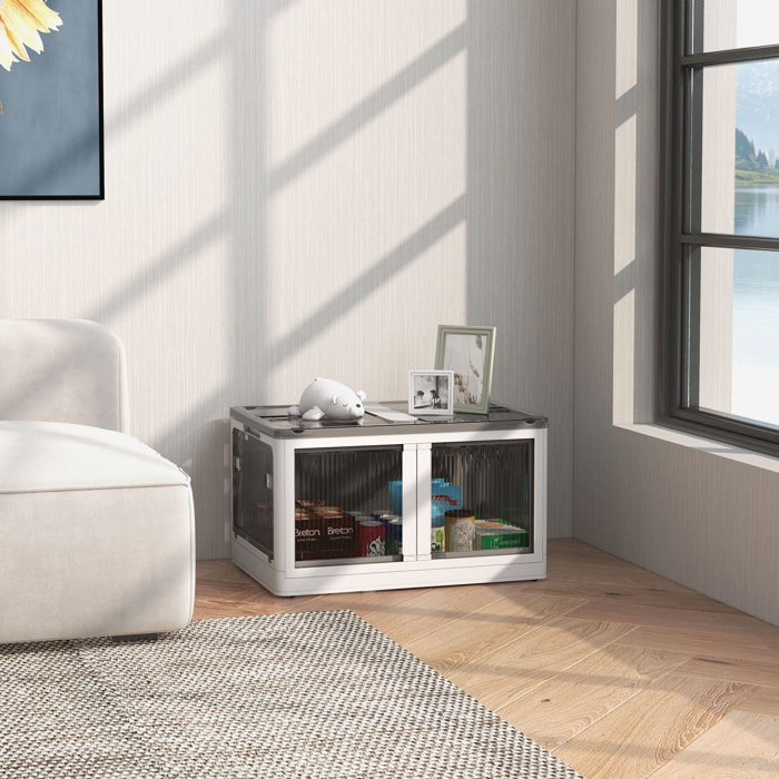 Boîte de rangement plastique 69L pliable empilable couvercle 4 roulettes accès 5 côtés blanc gris