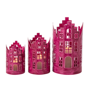 J-Line 3 lanternes maison - fer - fuchsia