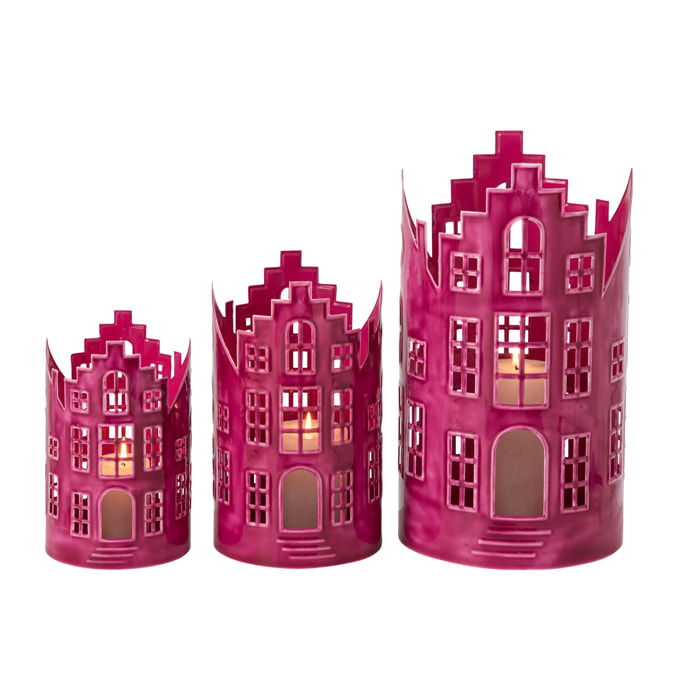 J-Line 3 lanternes maison - fer - fuchsia