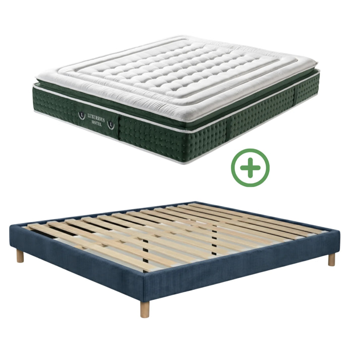 Ensemble matelas Jade & sommier Cancun | Mémoire de forme et ressorts ensachés | Cadre à lattes | Velours côtelé | Bleu nuit