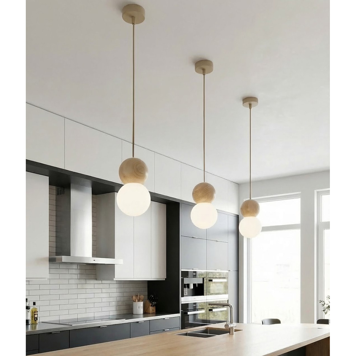 Lampada a sospensione LOOP in acciaio moka e legno