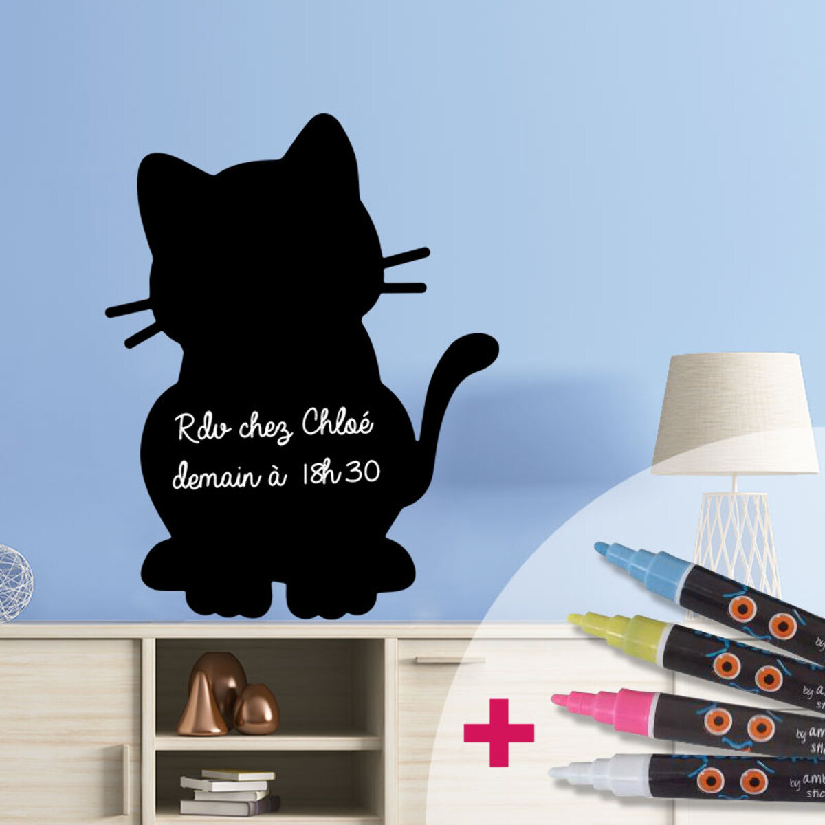 Sticker ardoise tableau noir - stickers muraux adhésif effaçable - CHATON + 4 CRAIES LIQUIDES