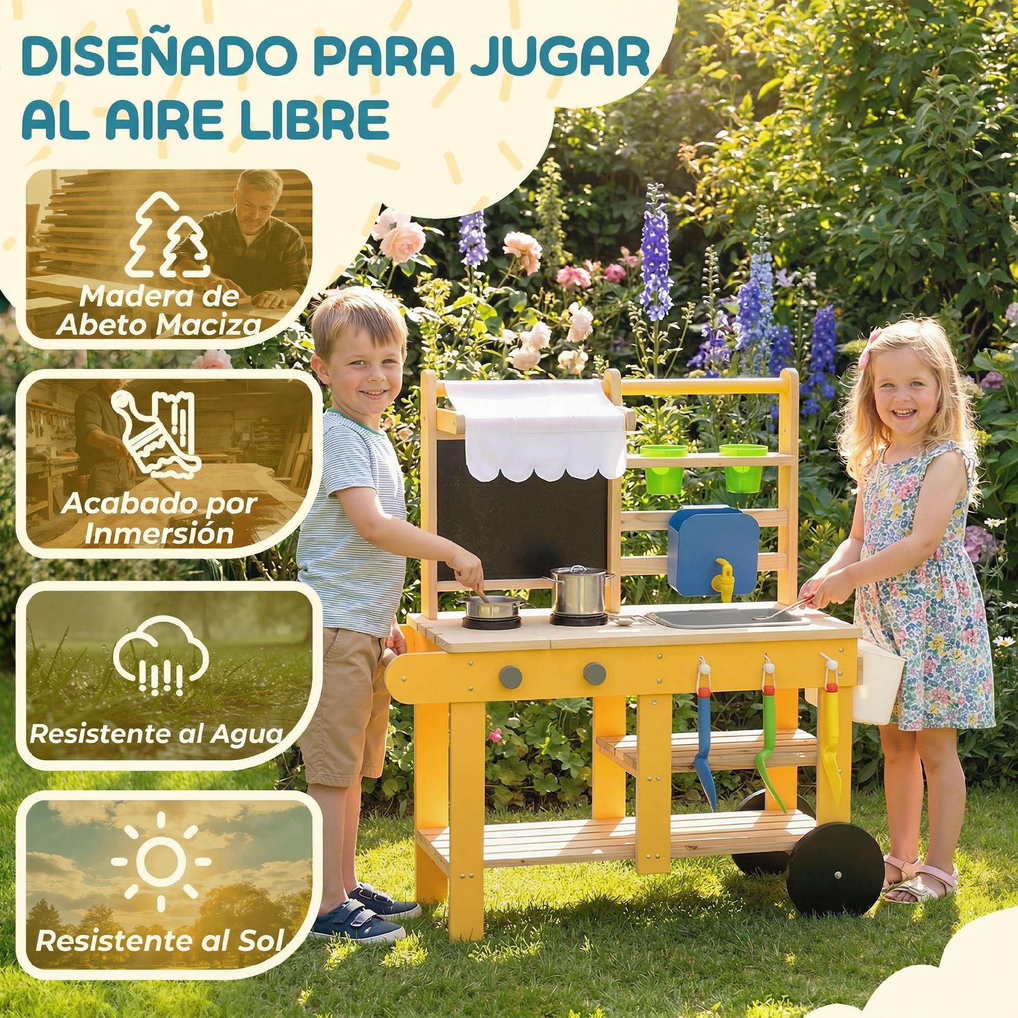 Cocina de Juguete Exterior con Ruedas, Cocinita Infantil de Madera con Agua Real, Fregadero, Estufas, Estantes, Macetas, Pizarra y 15 Accesorios, 84,2x34,4x90 cm, Amarillo