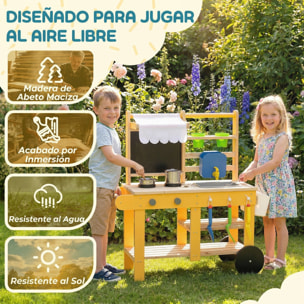 Cocina de Juguete Exterior con Ruedas, Cocinita Infantil de Madera con Agua Real, Fregadero, Estufas, Estantes, Macetas, Pizarra y 15 Accesorios, 84,2x34,4x90 cm, Amarillo