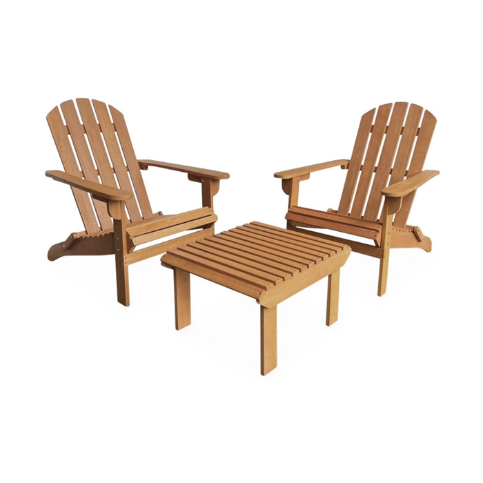 Lot de 2 fauteuils de jardin en bois avec un repose-pieds/table basse - Adirondack Salamanca - Eucalyptus . chaises de terrasse retro