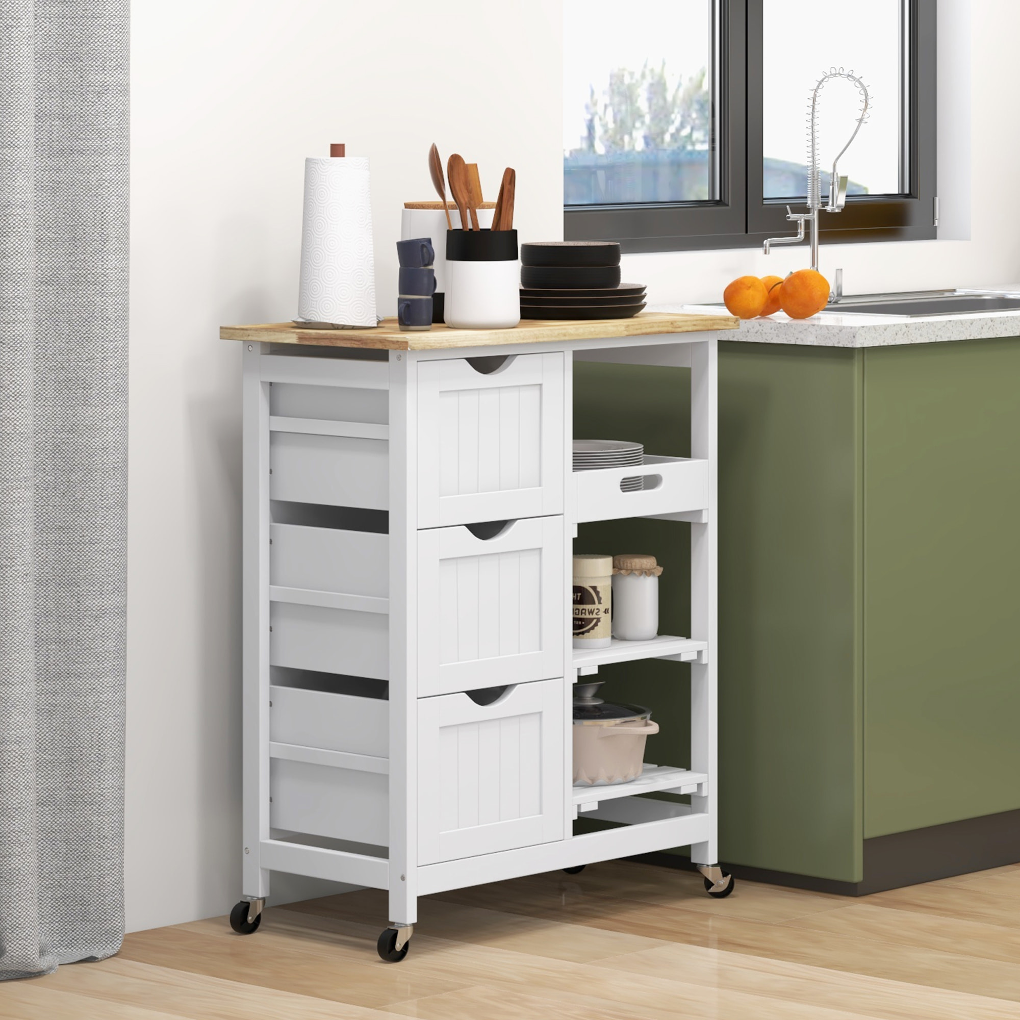 Carro de Cocina Carrito Auxiliar con Ruedas Carrito Verdulero con Tablero de Madera 3 Cajones 2 Estantes Abiertos y Bandeja Extraíble para Comedor Salón 67x37x85,5 cm Blanco