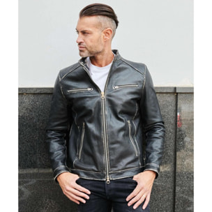 Giacca biker in pelle nera vintage effetto invecchiato