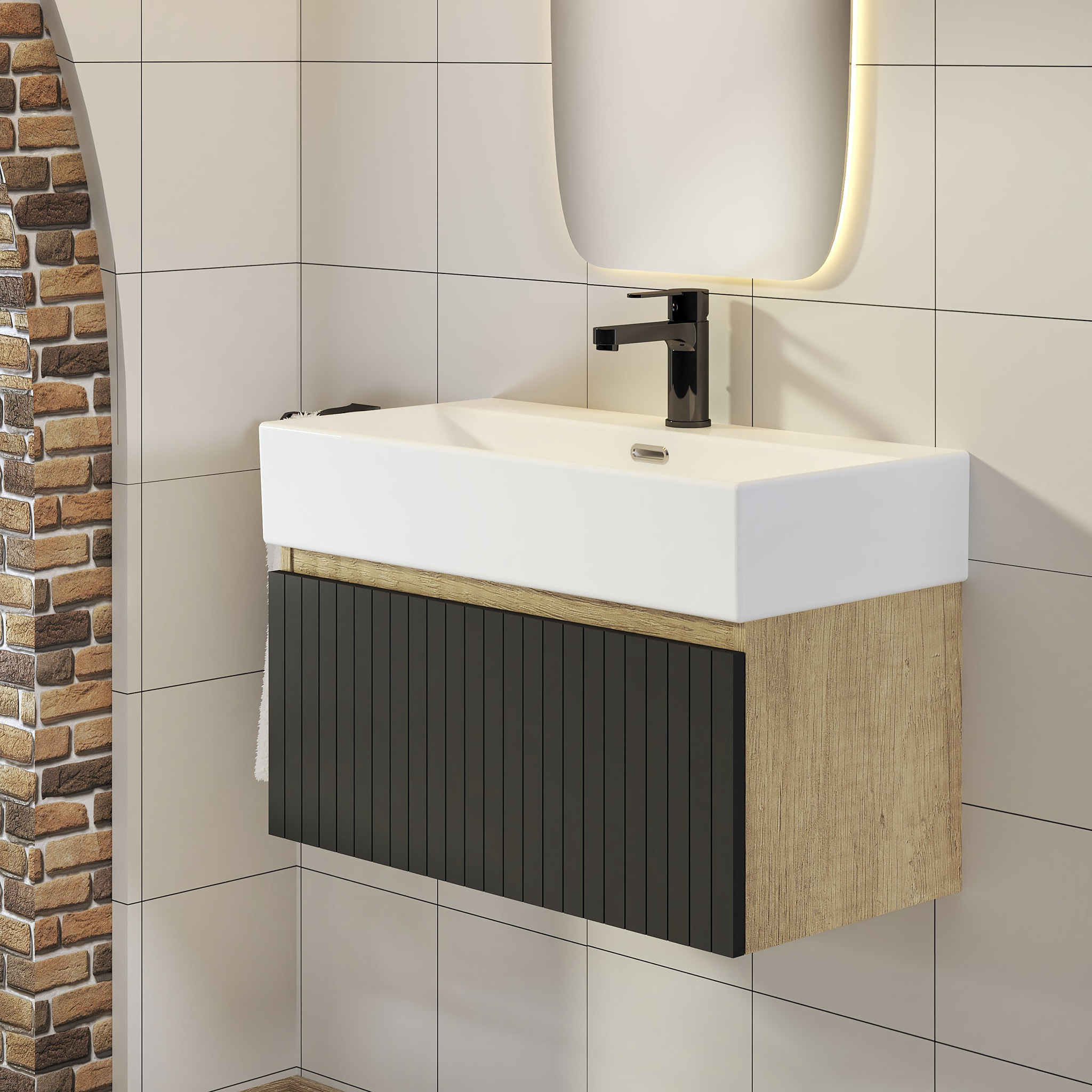 Conjunto de Baño Zel | Mueble Suspendido | 70 cm Negro | Un Cajón | Lavabo Encastrado | No incluye Espejo | Mueble Montado| Alday