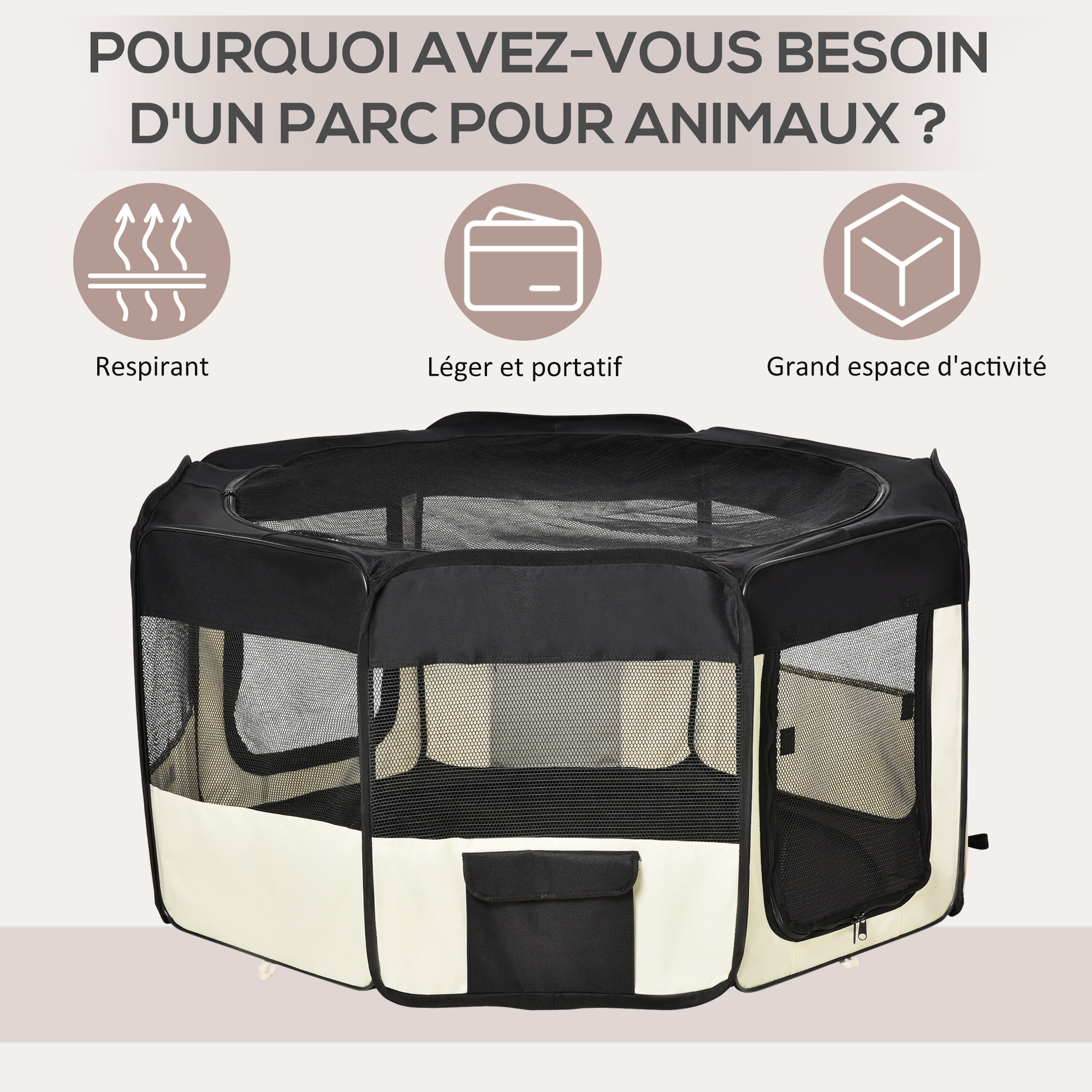 Parc enclos pliable chien chat - Ø 120 x 58H cm - acier tissu Oxford - crème noir