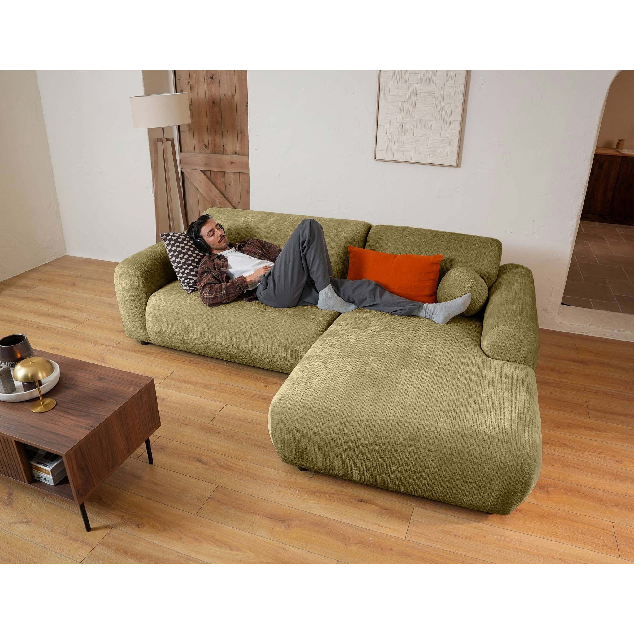 Louise - Canapé d'angle droit 4 places en velours texturé - Vert Kaki