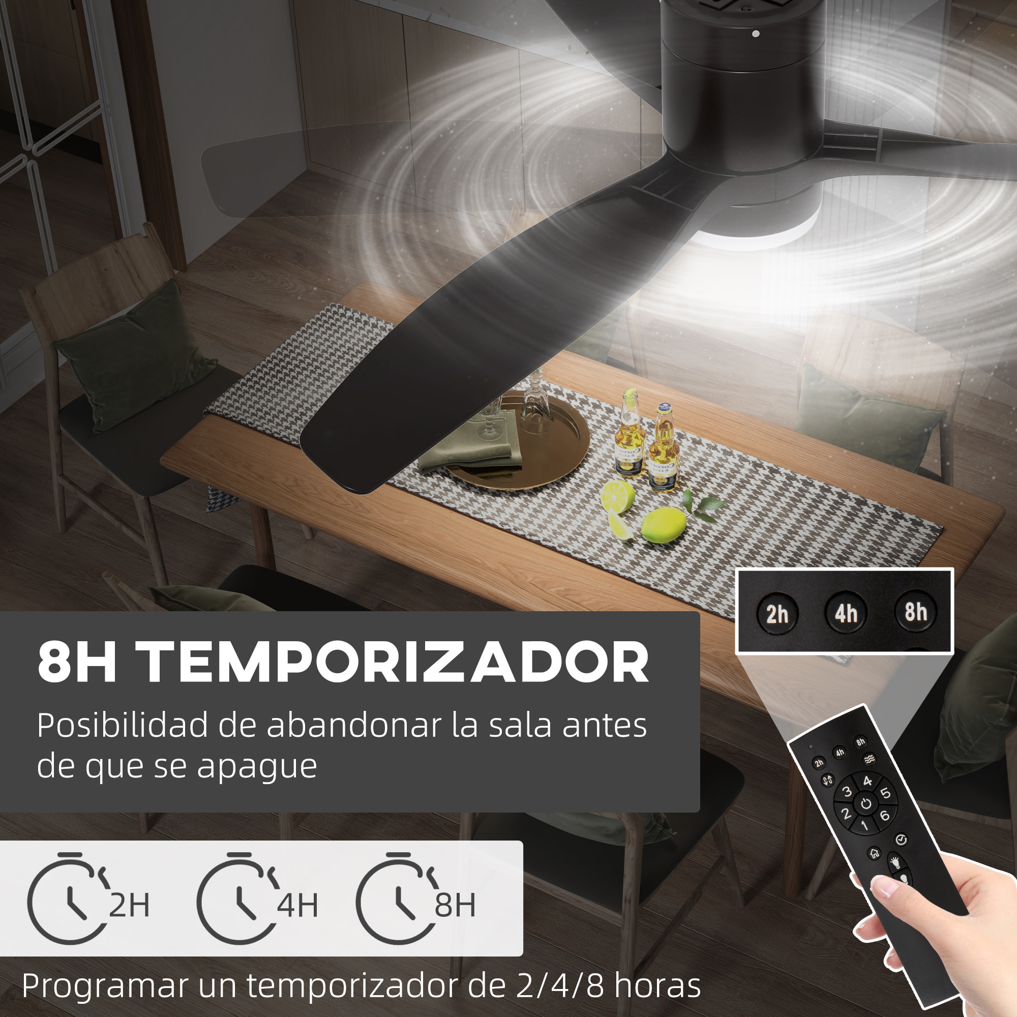 Ventilador de Techo con Luz LED 46W Ventilador de Techo Silencioso Ø132 cm con 3 Aspas Reversibles Control Remoto 6 Velocidades para Dormitorio Sala de Estar Efecto 10~15 m² Negro