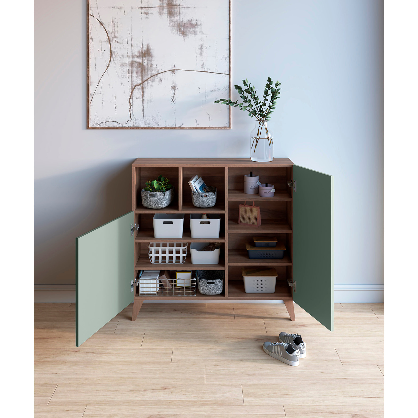 Zapatero Oslo melamina nogal puertas verde 87x90x27 cm