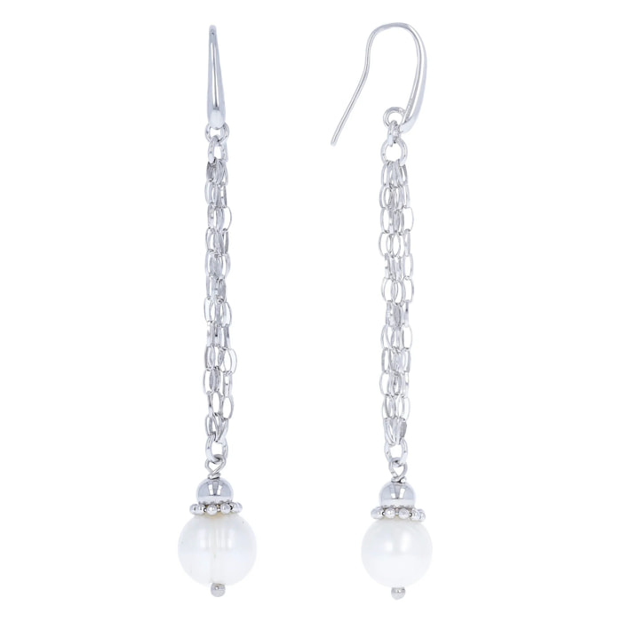PERLAVIVA - Orecchini Pendenti Multifilo in Argento 925 con Perle d'Acqua Dolce Bianche Ø 10 mm