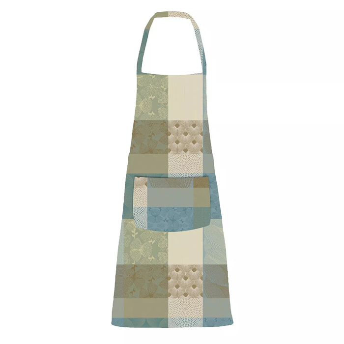 Tablier pur coton enduit motif jacquard beige bleu Mille zen ecume